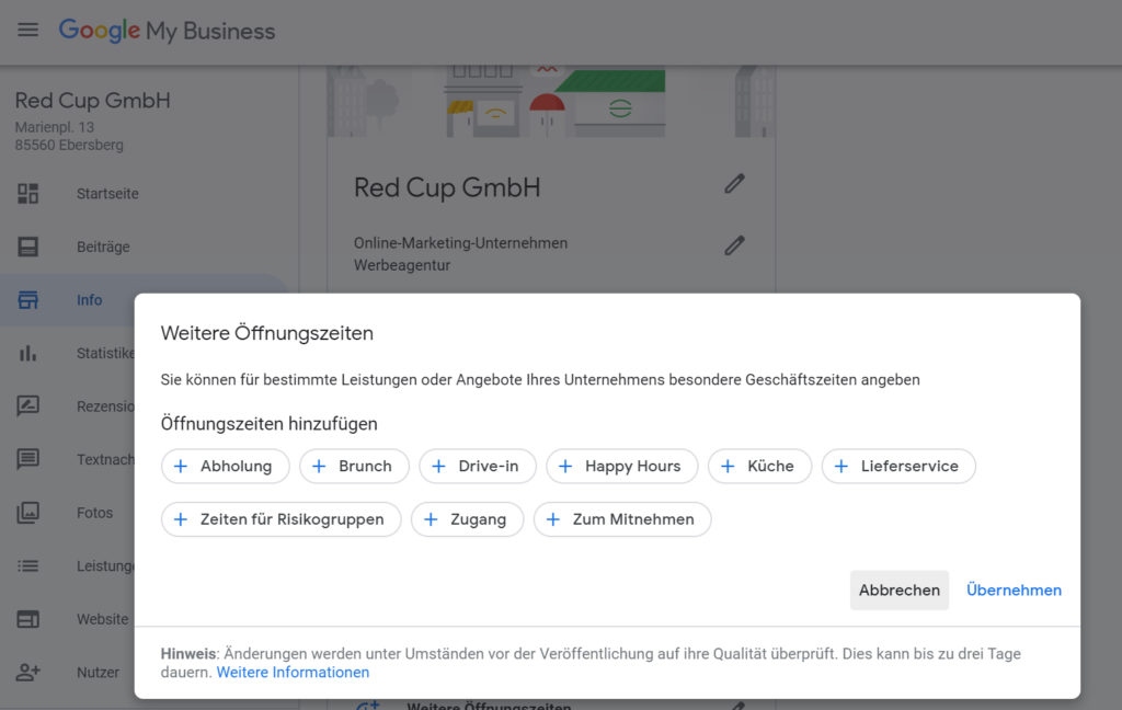 Google My Business Spezial-Öffnungszeiten