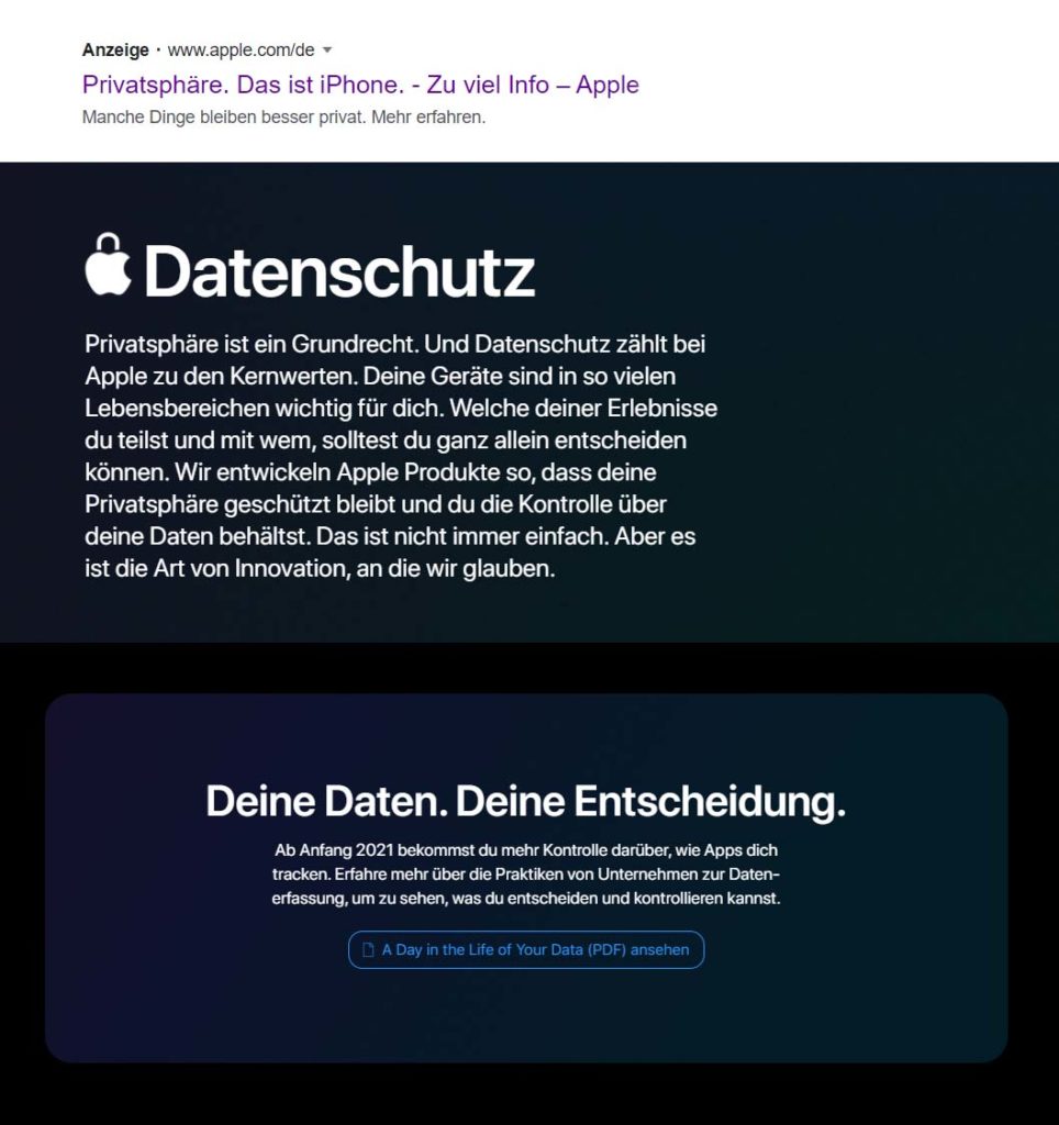 Apple Datenschutz Anzeige